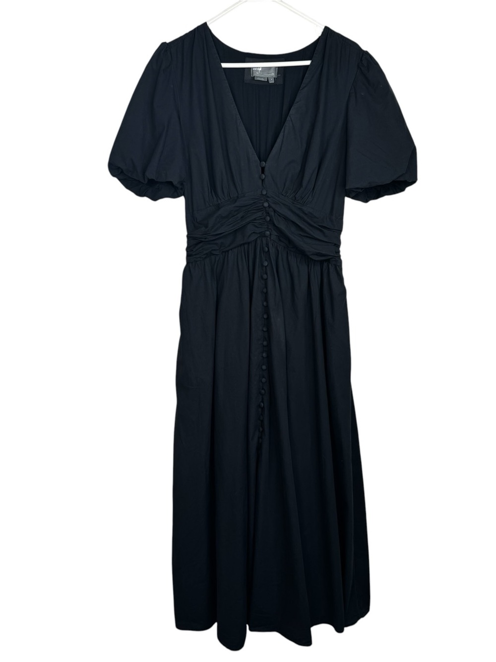 Anthropologie Katerina V-neck Black Puff-Sleeve Button-Front Midi Dress Ruched L